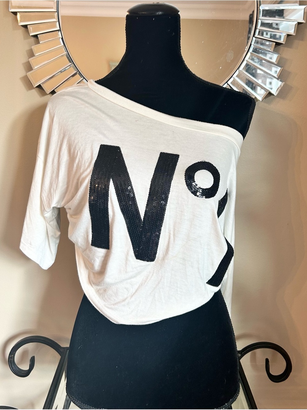 Women’s Off-Shoulder Sequin 'No.1' Graphic Tee - White